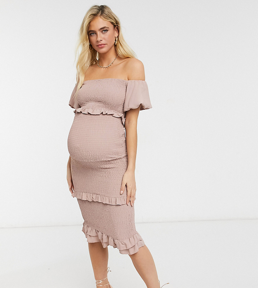 Outrageous Fortune Maternity off shoulder shirred frill hem midi dress with puff sleeve detail in taupe-Neutral