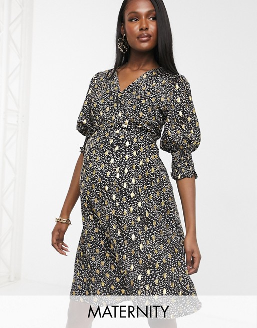 Outrageous Fortune Maternity ruffle wrap dress with shirred sleeve detail in contrast geo print