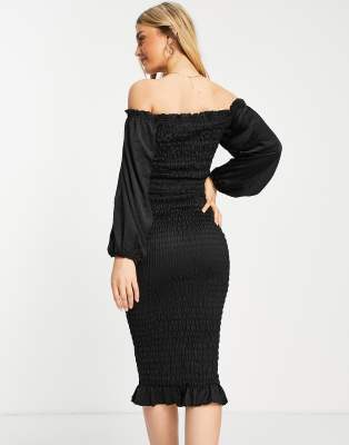 black shirred bardot dress