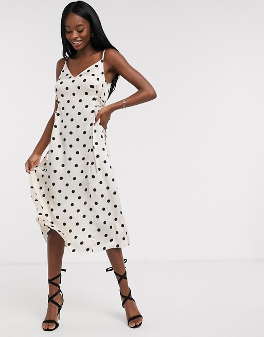Outrageous Fortune midi slip dress with lace up side detail in cream polka