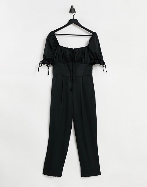 Outrageous Fortune milkmaid jumpsuit with puff sleeves in black