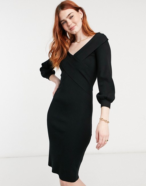 Outrageous Fortune off shoulder knitted midi dress in black