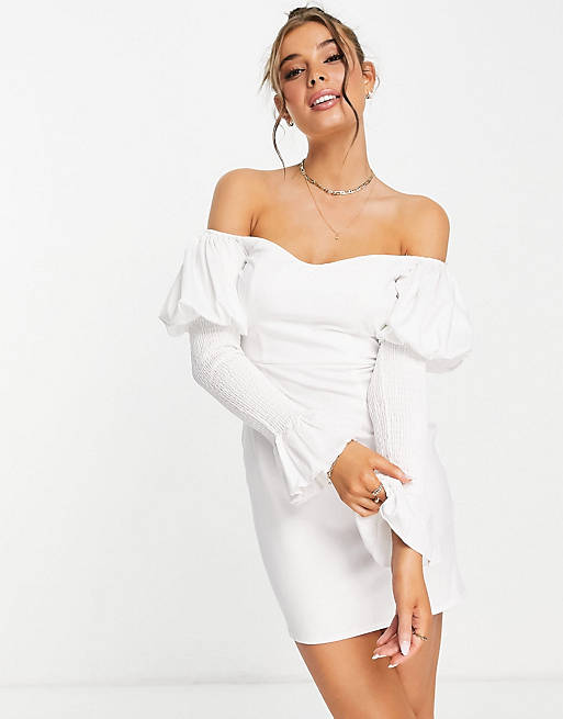 Outrageous Fortune off shoulder mini dress with puff sleeves in cream