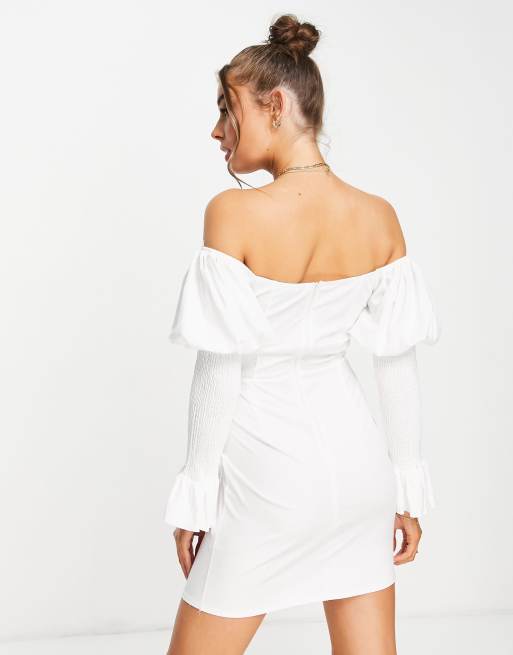 Outrageous Fortune off shoulder mini dress with puff sleeves in cream