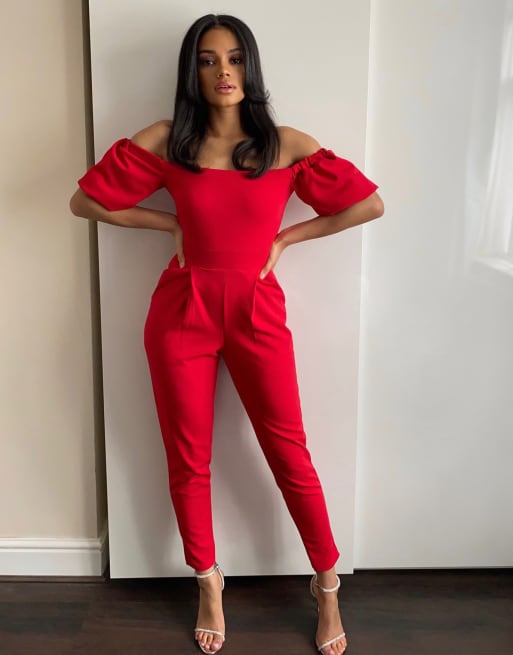 Red off the sales shoulder jumpsuit