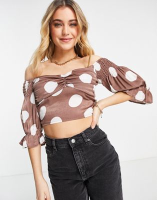 Outrageous Fortune off shoulder top with puff sleeve in brown spot