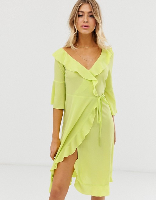 Outrageous Fortune one shoulder ruffle wrap midi dress with fluted sleeve in lime
