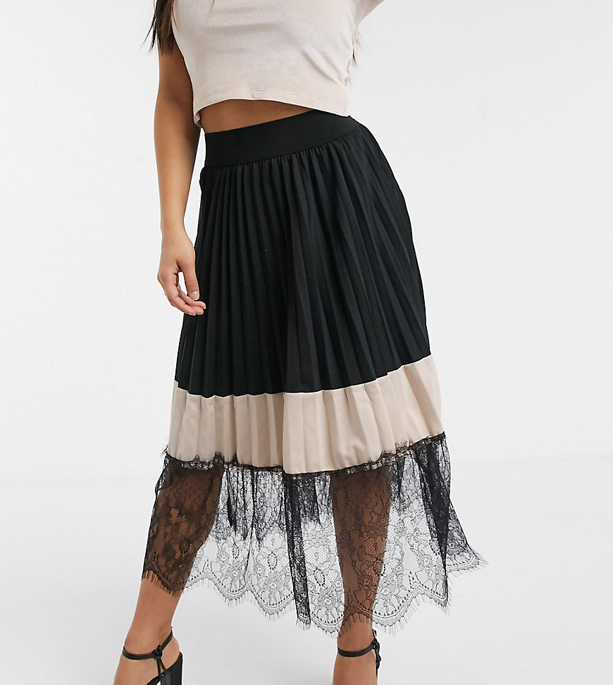 Outrageous Fortune Petite contrast lace pleated midi skater skirt in black