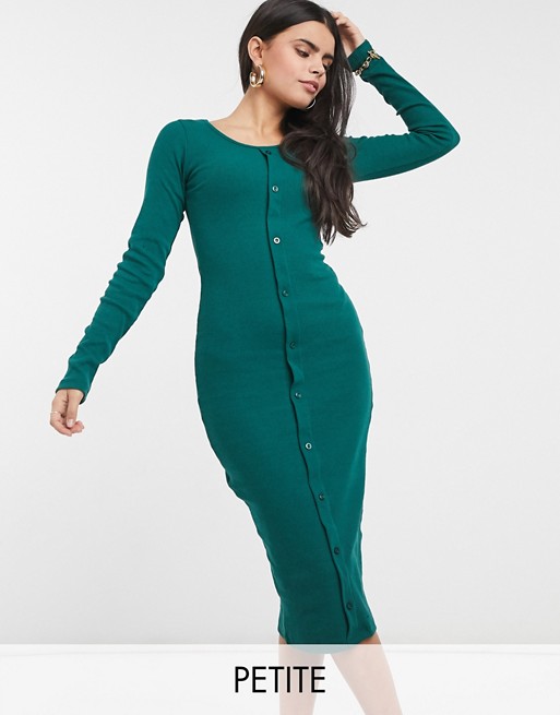 Outrageous Fortune Petite exclusive long sleeve button detail midi dress in emerald green