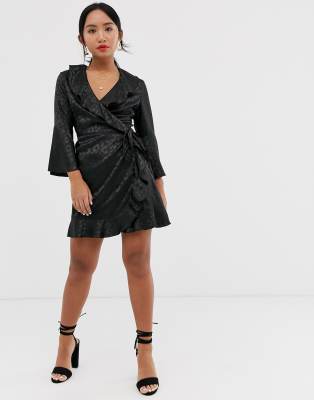 outrageous fortune ruffle wrap dress with fluted sleeve in black