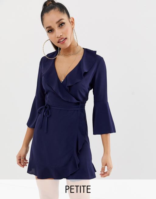 Outrageous Fortune Petite ruffle wrap dress with fluted sleeve in navy ...