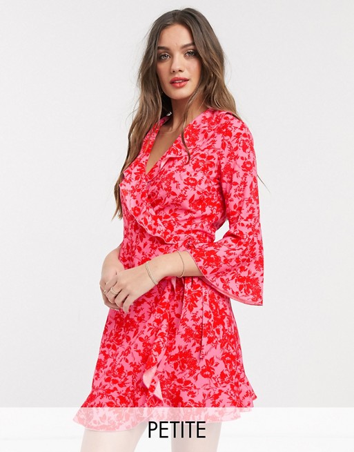 Outrageous Fortune Petite ruffle wrap dress with fluted sleeve in red floral print