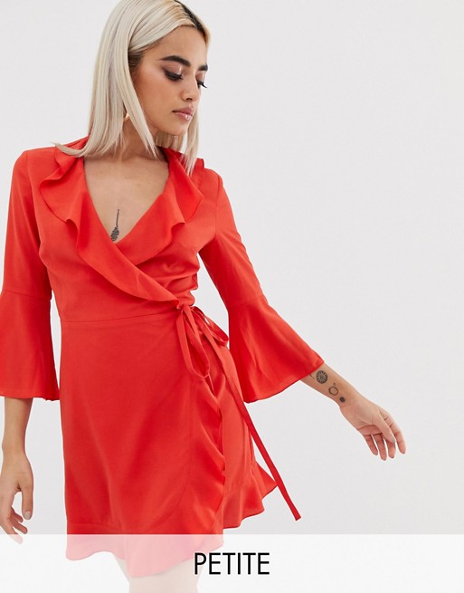 Outrageous Fortune Petite ruffle wrap dress with fluted sleeve in red