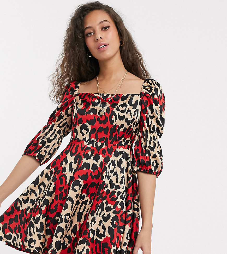 Outrageous Fortune Petite square neck mini skater dress in contrast leopard print-Multi