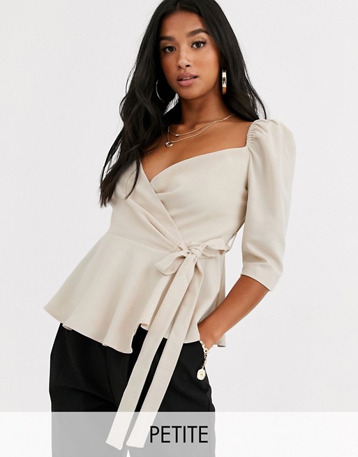 Outrageous Fortune Petite wrap front puff sleeve top in cream