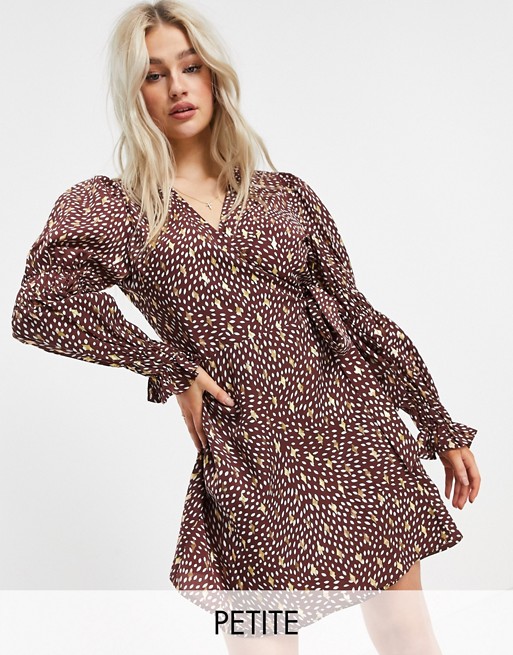 Outrageous Fortune Petite wrap midi dress with gold foil print in brown