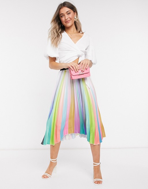 Outrageous Fortune pleated midi skirt in rainbow stripe