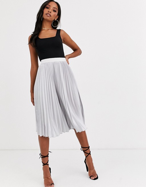 Outrageous Fortune pleated midi skirt with contrast waistband in silver