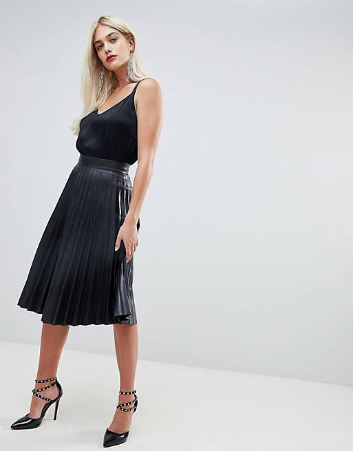 Outrageous Fortune pleated pu midi skirt in black
