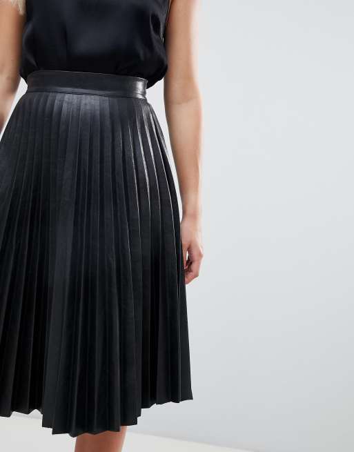 Black pu shop pleated midi skirt