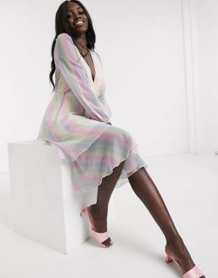 Outrageous Fortune plunge front tiered midi dress in pastel rainbow stripe