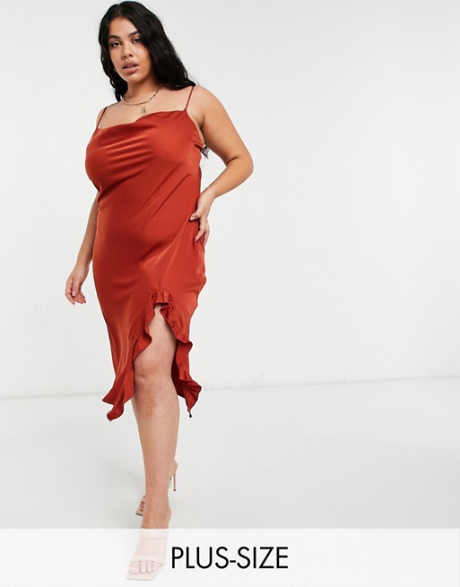 Outrageous Fortune Plus cowl neck midi dress with split front in rust