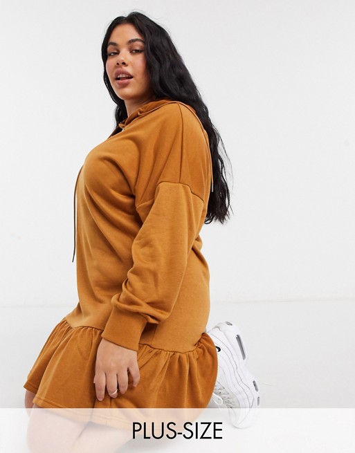 Outrageous Fortune Plus exclusive mini ruffle hem sweat dress with hood in camel