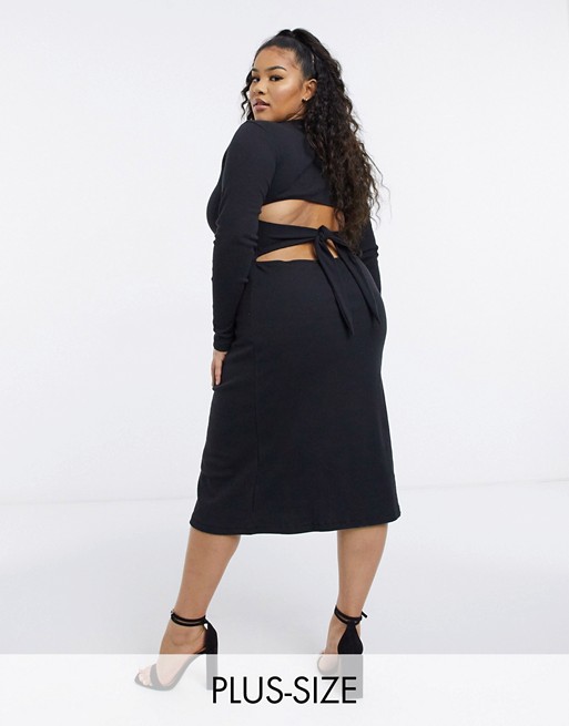 Outrageous Fortune Plus exclusive open tie back detail midi dress in black