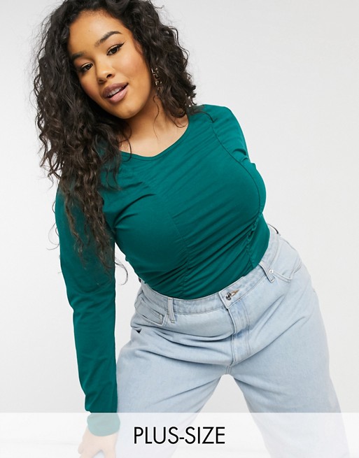 Outrageous Fortune Plus exclusive ruched detail long sleeve top in emerald green