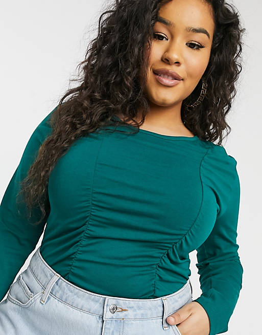 Exclusives Outrageous Fortune Plus exclusive ruched detail long sleeve top in emerald green 