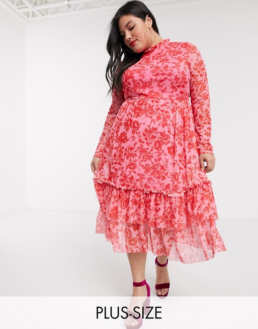 Outrageous Fortune Plus high neck pleated mesh midi dress in red floral print