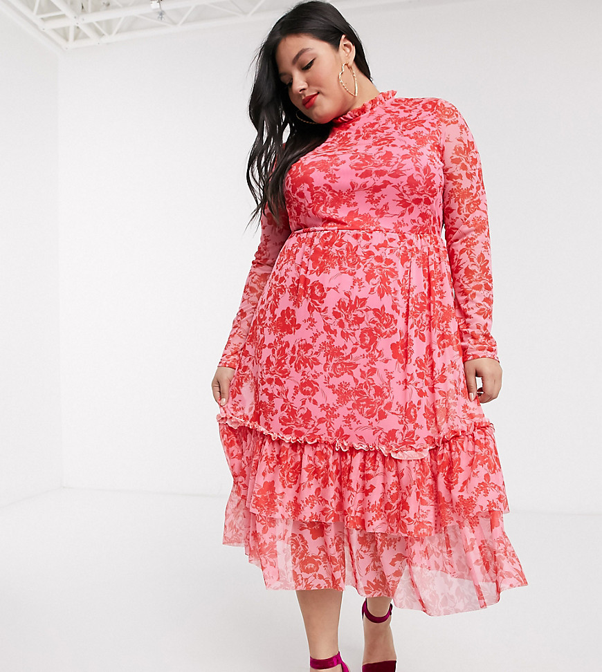 Outrageous Fortune Plus - Hoogsluitende geplooide mesh midi-jurk met bloemenprint in rood-Multi