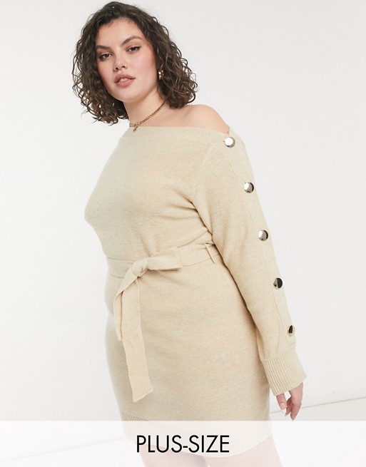 Outrageous Fortune Plus knitted slash neck button sleeve pencil dress with belt in cream