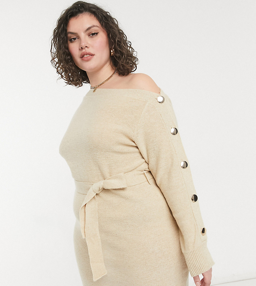 Outrageous Fortune Plus knitted slash neck button sleeve pencil dress with belt in cream-White