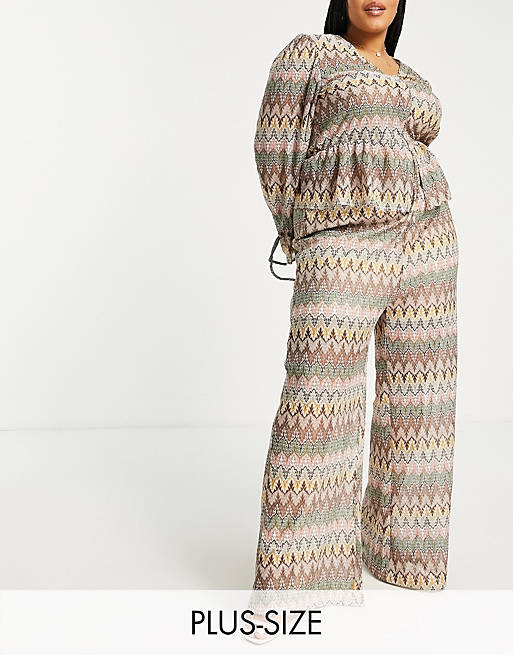 Outrageous Fortune Plus knitted wide leg trouser co ord in geo print
