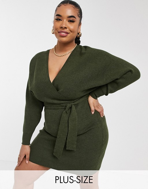 Outrageous Fortune Plus knitted wrap detail pencil dress with belt detail in khaki