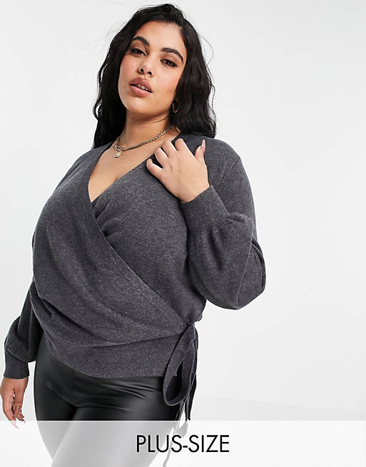 Outrageous Fortune Plus knitted wrap top in grey