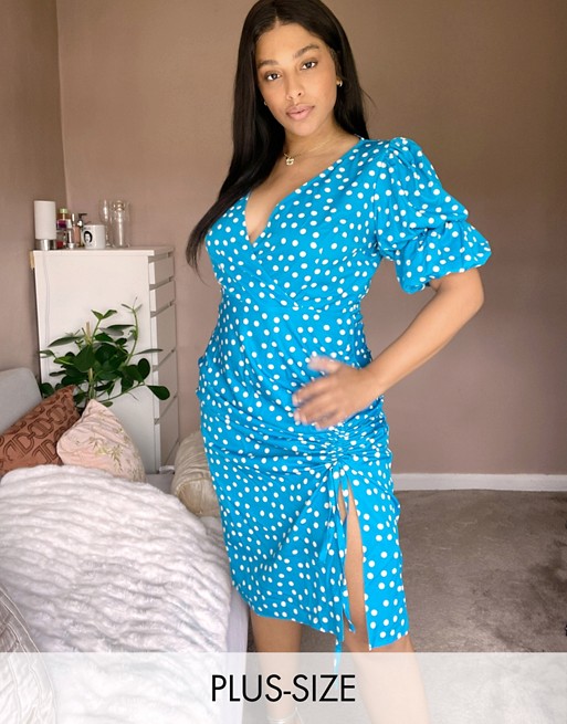 Outrageous Fortune Plus knot front midi dress in blue polka print