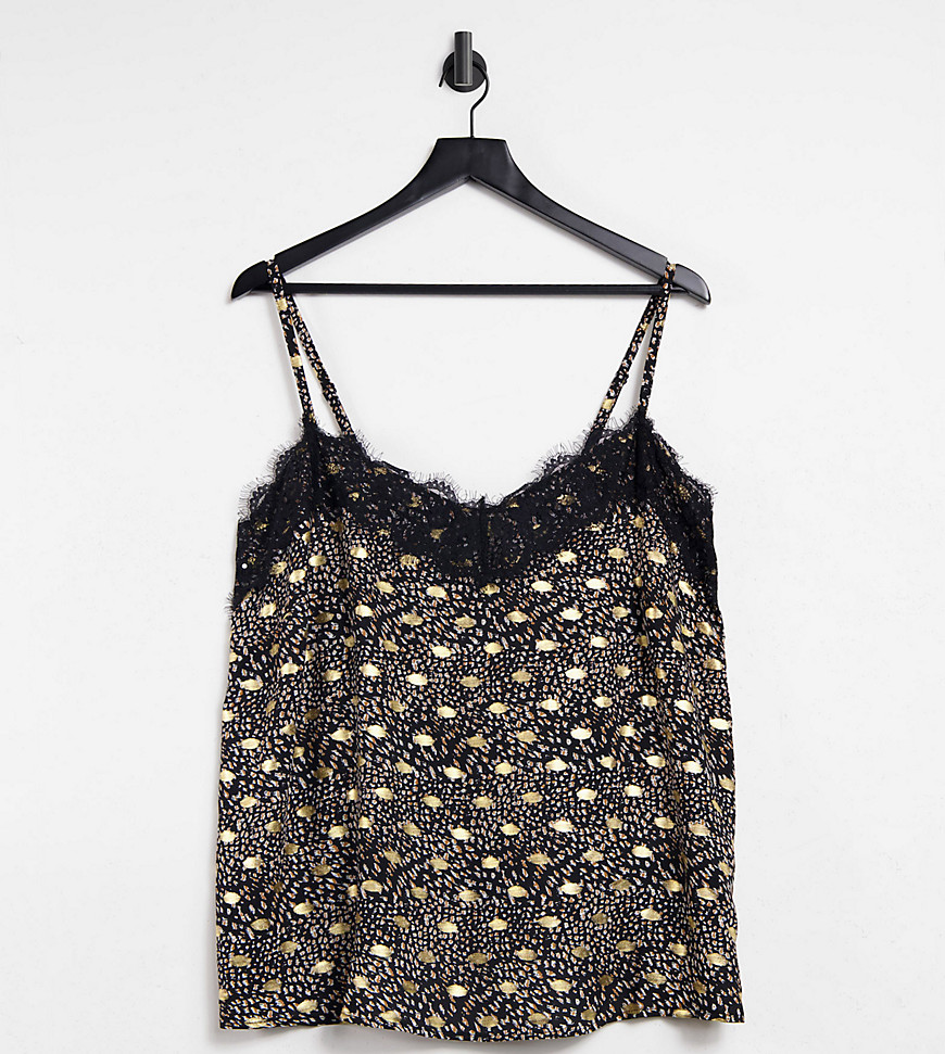 Outrageous Fortune Plus lace trim cami in gold fleck print-Multi