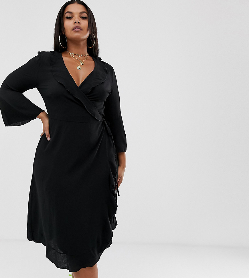 Outrageous Fortune Plus - Midi-jurk met overslag, ruches en uitlopende mouwen in zwart