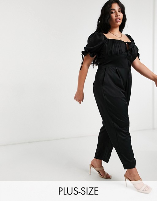 Outrageous Fortune Plus milkmaid jumpsuit with puff sleeves in black
