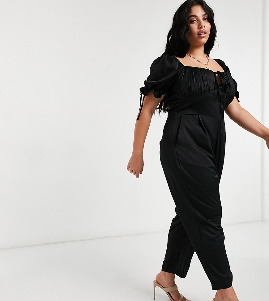 Outrageous Fortune Plus milkmaid jumpsuit with puff sleeves in black