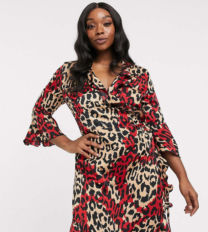 Outrageous Fortune Plus - Mini-jurk met overslag en ruches en wijduitlopende mouwen in meerkleurige luipaardprint-Multi