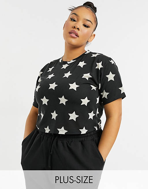 Outrageous Fortune Plus nightwear cropped t shirt in black star print