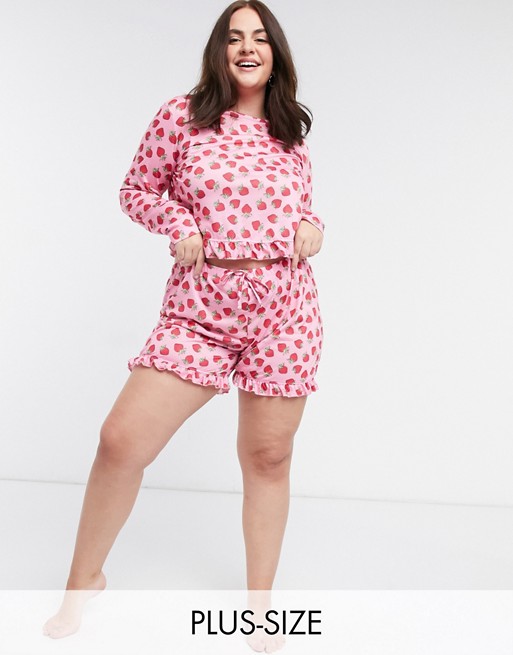 Outrageous Fortune Plus nightwear frilly short in pink strawberry print