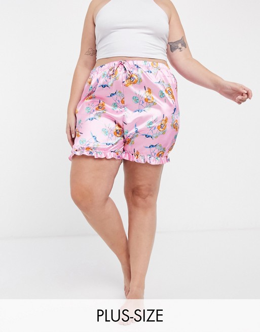 Outrageous Fortune Plus nightwear satin frilly short in pink floral