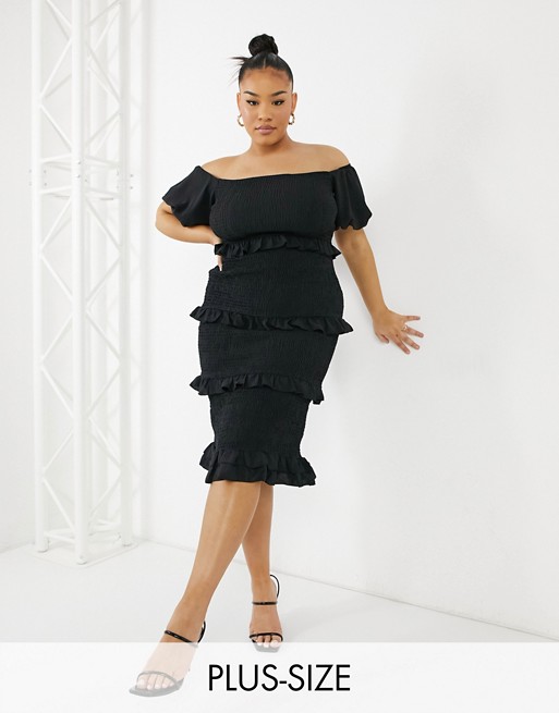 Outrageous Fortune Plus off shoulder frilly shirred pencil dress in black