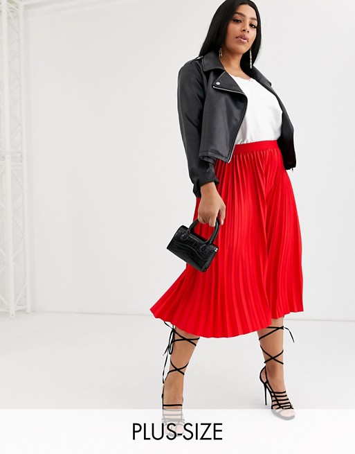 Outrageous Fortune Plus pleated midi skirt with contrast waistband in red
