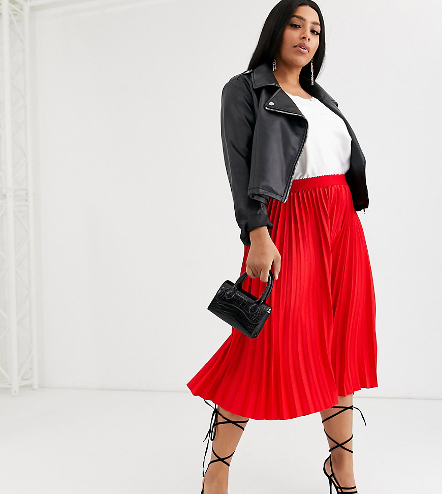 Outrageous Fortune Plus pleated midi skirt with contrast waistband in red