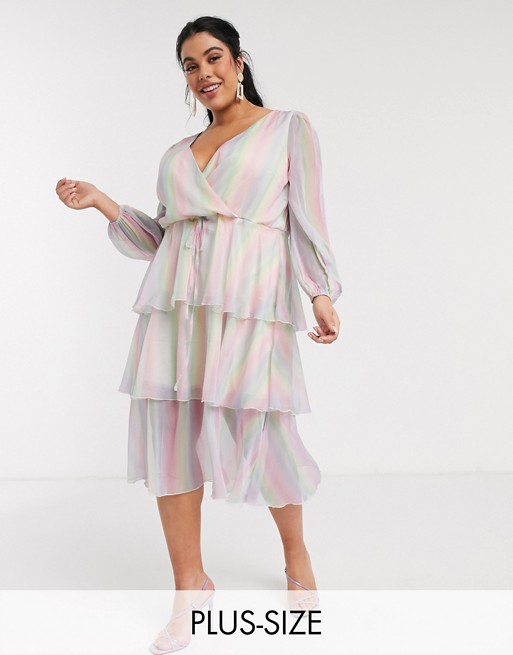 Outrageous Fortune Plus plunge front tiered midi dress in pastel rainbow stripe